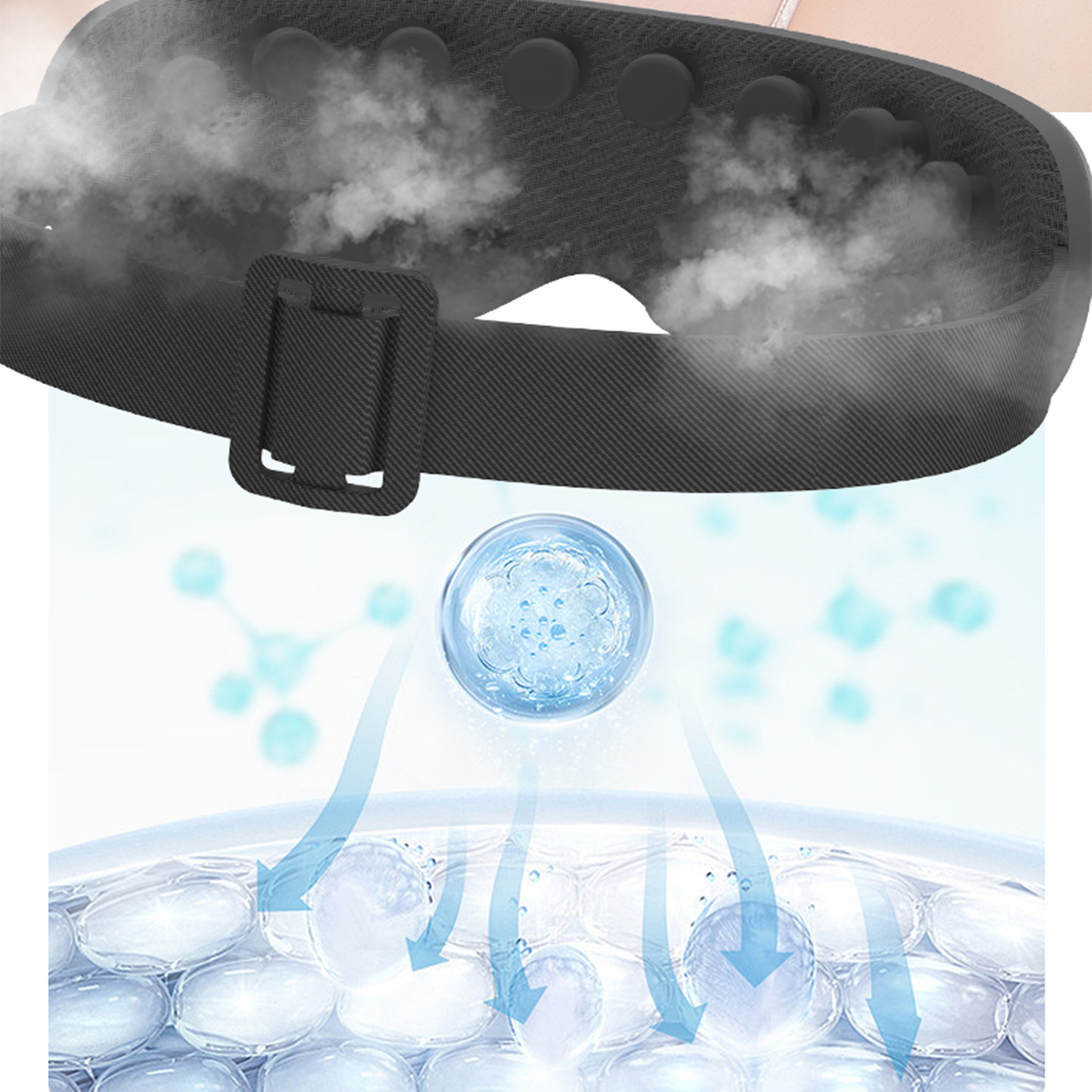Maschera per gli occhi nera con effetto vapore ed energia blu.
