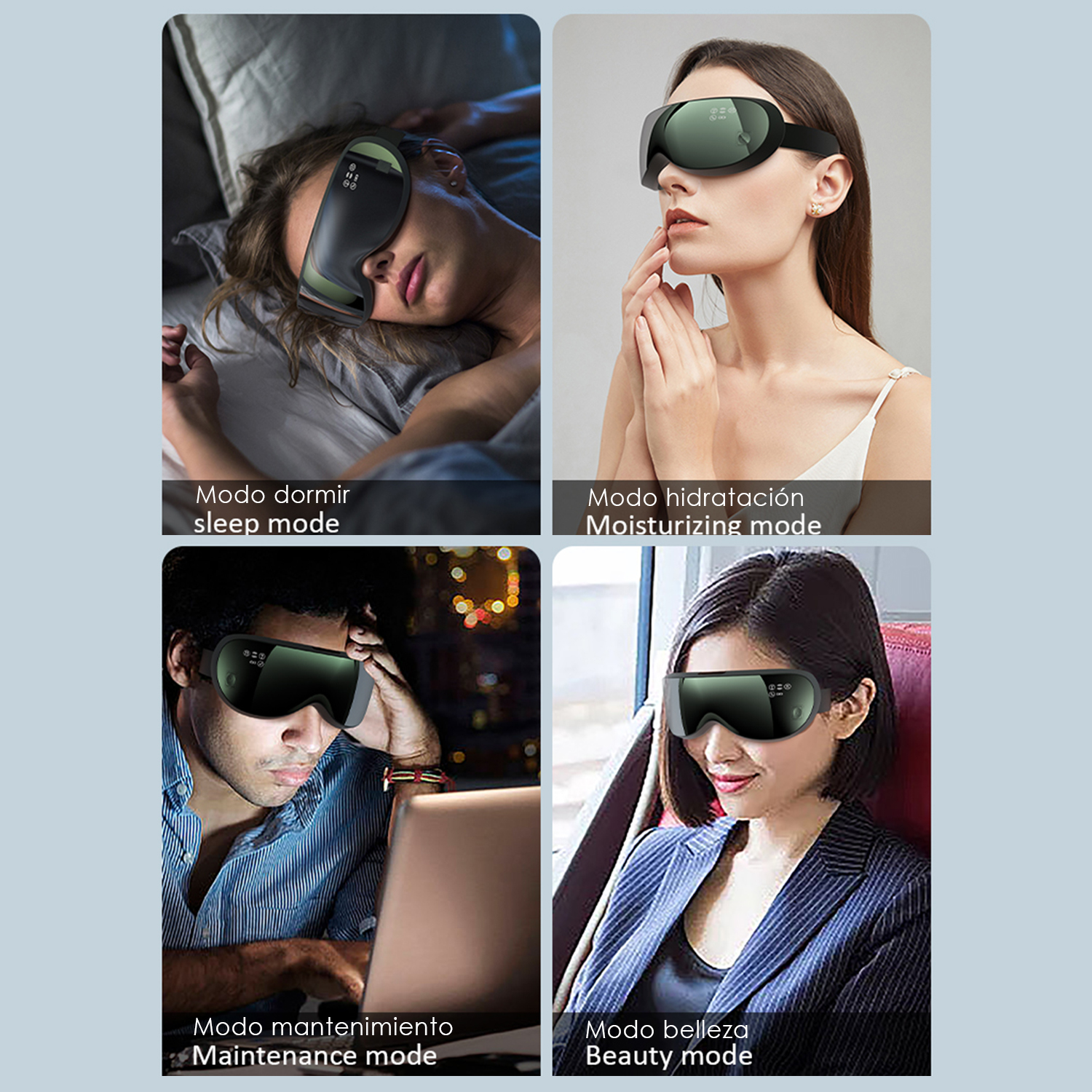 Quattro immagini mostrano persone che usano massaggiatori oculari. Le modalità includono sonno, idratazione, manutenzione e bellezza.