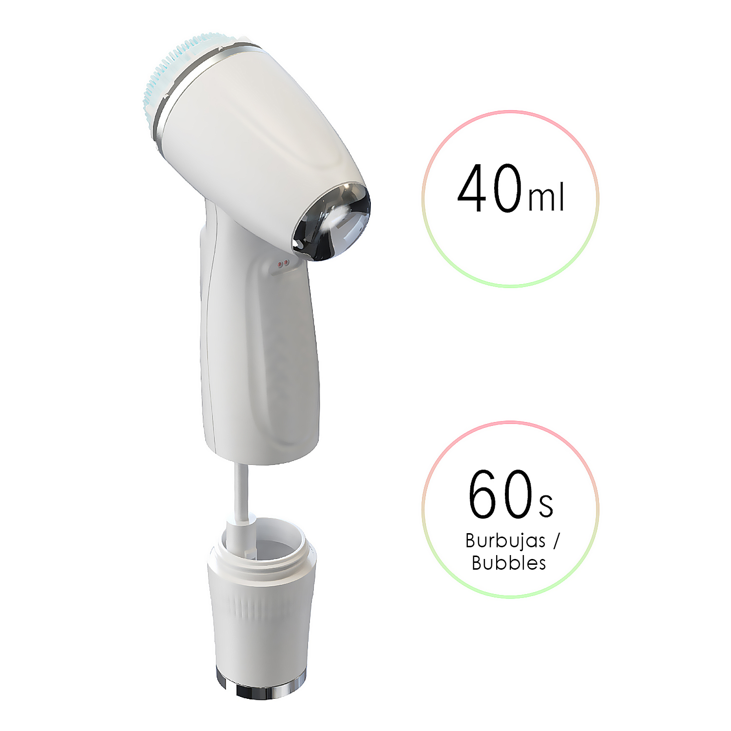 Weißes Schönheitsgerät mit angebrachtem Behälter. Angezeigt: 40 ml und 60s Blasen, weißer Hintergrund.