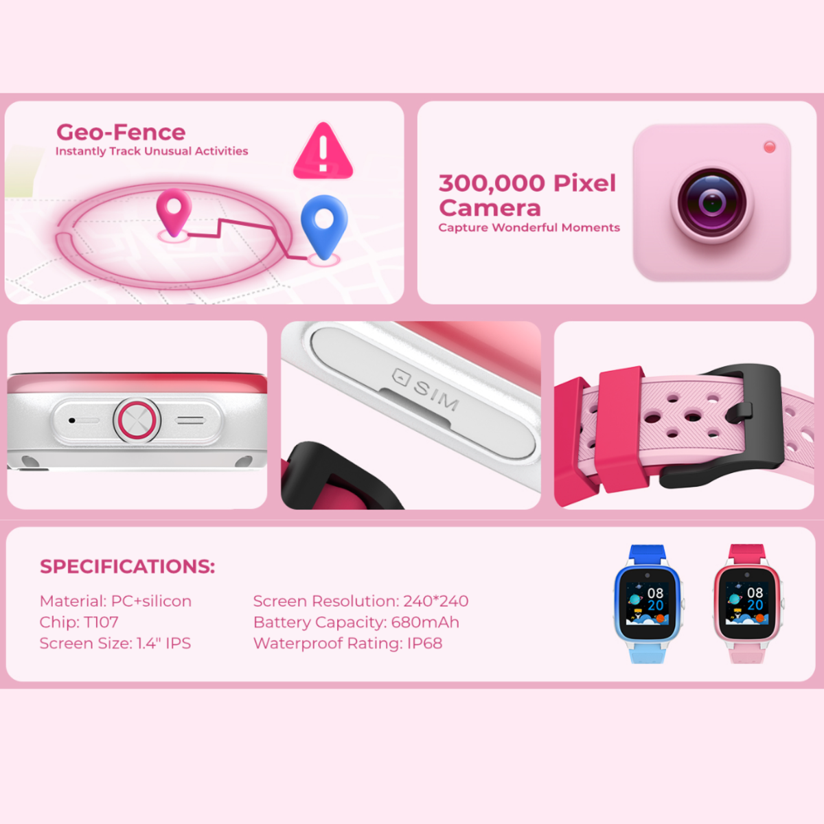 Reloj inteligente rosa con correa rosa. Incluye cámara, GPS y especificaciones de pantalla.
