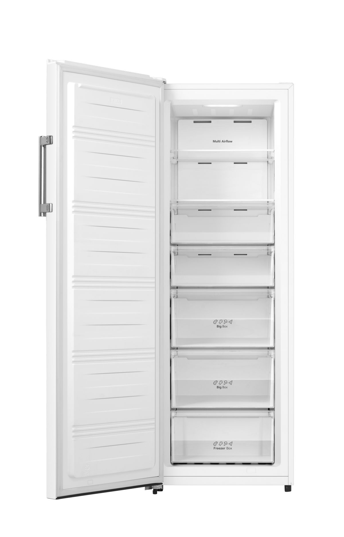 Congelador blanco, puerta abierta. Interior con estantes y cajones.