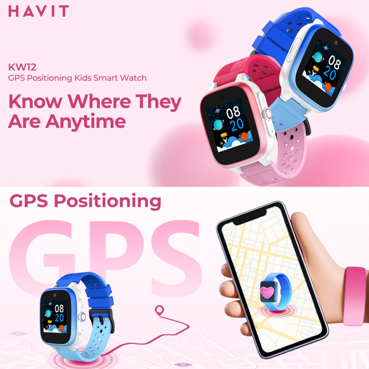 Smartwatches sobre un fondo rosa, con relojes para niños con capacidades de seguimiento GPS.