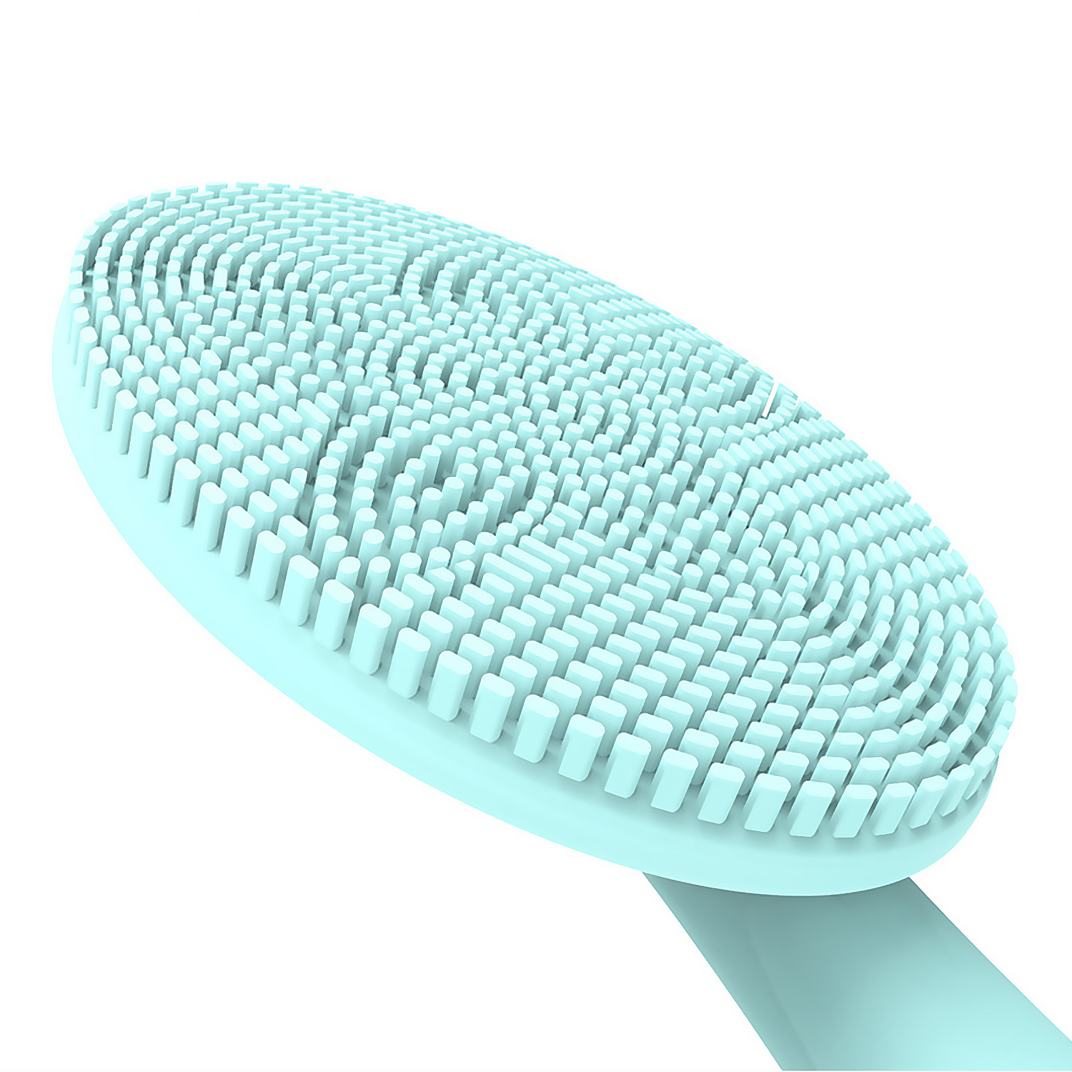 Eine hellblaue Gesichtsreinigungsbürste wird gezeigt. Sie hat eine ovale Form mit vielen kleinen, weichen Borsten.