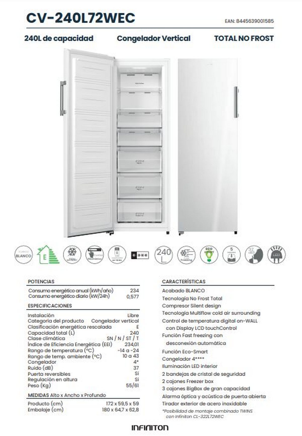 Congelador vertical blanco con puerta abierta, estantes y detalles.