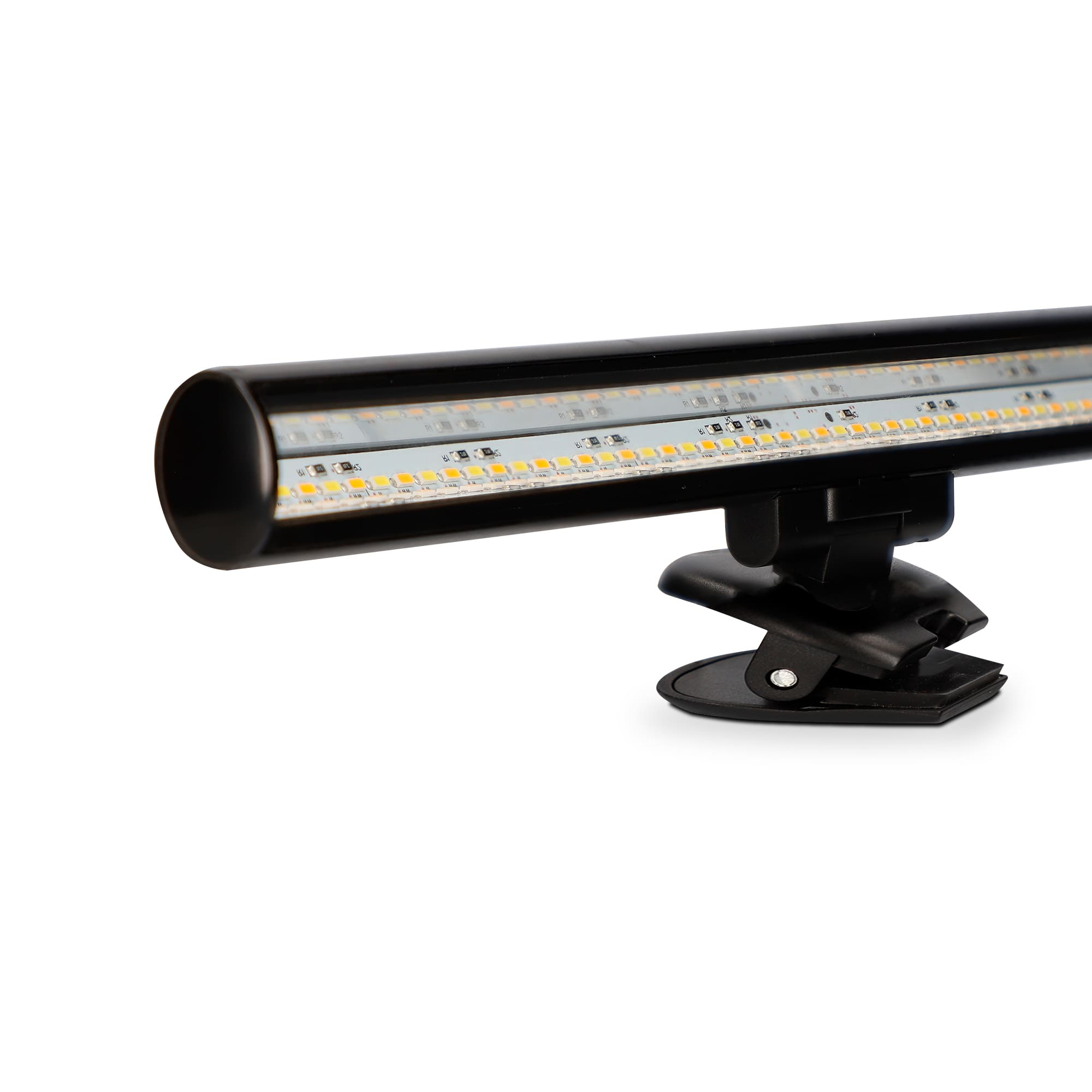 Una lámpara LED negra, con un brazo flexible y clip, adecuada para uso en escritorio.
