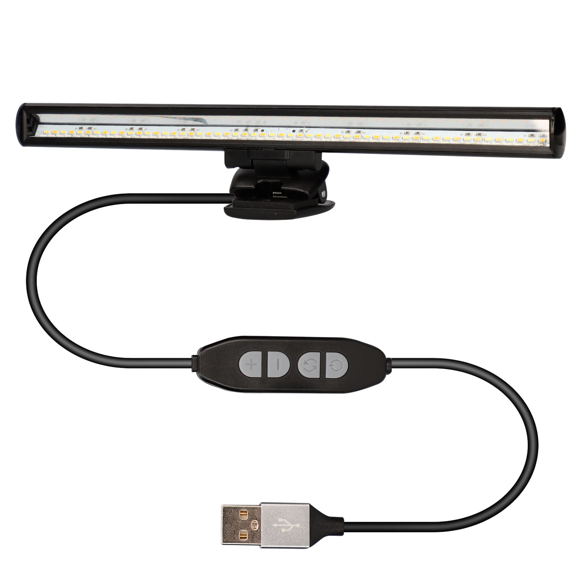 Una lámpara de escritorio negra con cable USB y botones de control. Emite luz blanca.