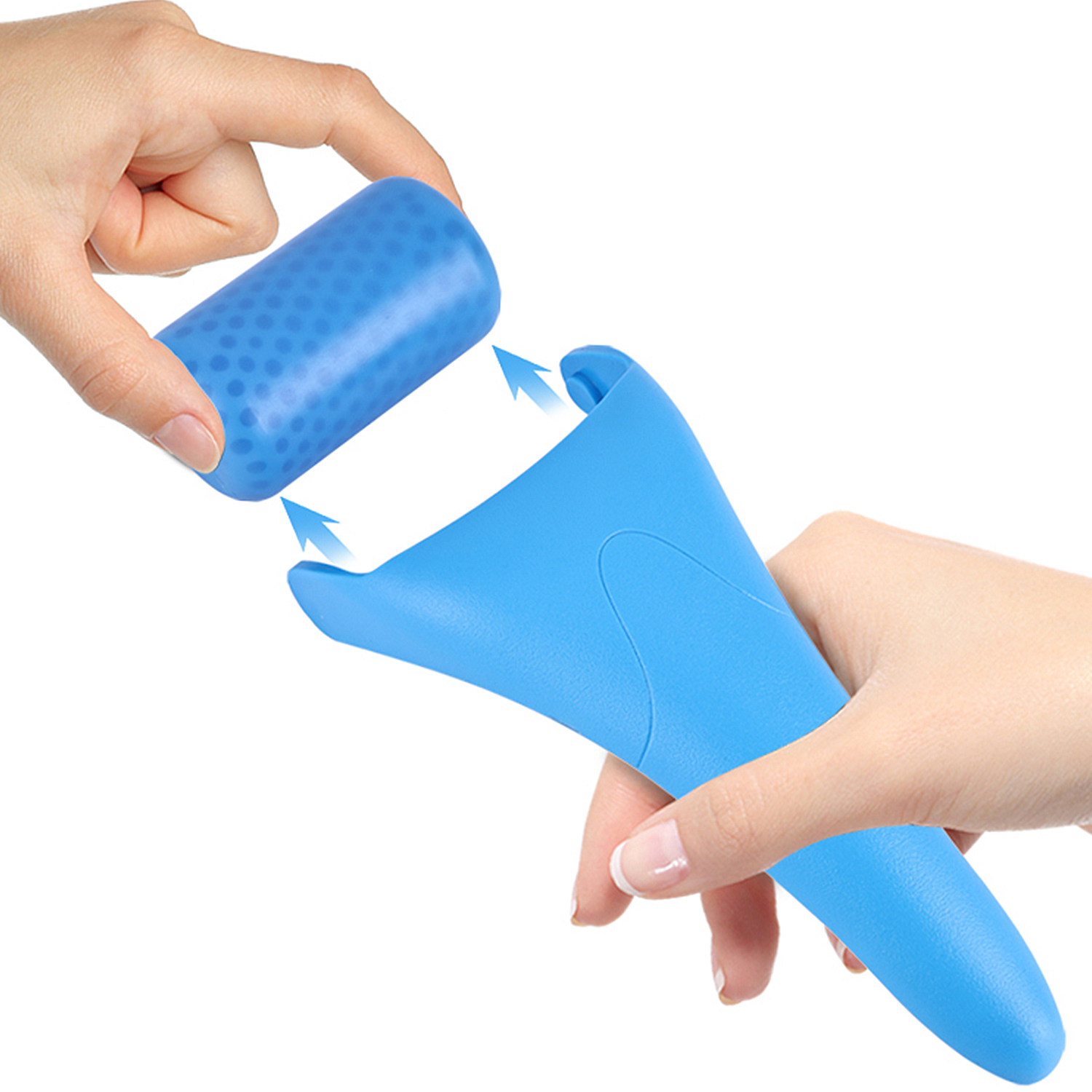 Hände montieren ein blaues Gerät mit Rolle und Griff. Pfeile zeigen das Einpassen der Teile.