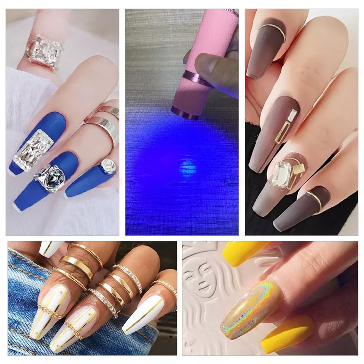 Collage von Nageldesign-Designs. Beinhaltet blaue Nägel, matte Nägel und goldakzentuierte Nägel.
