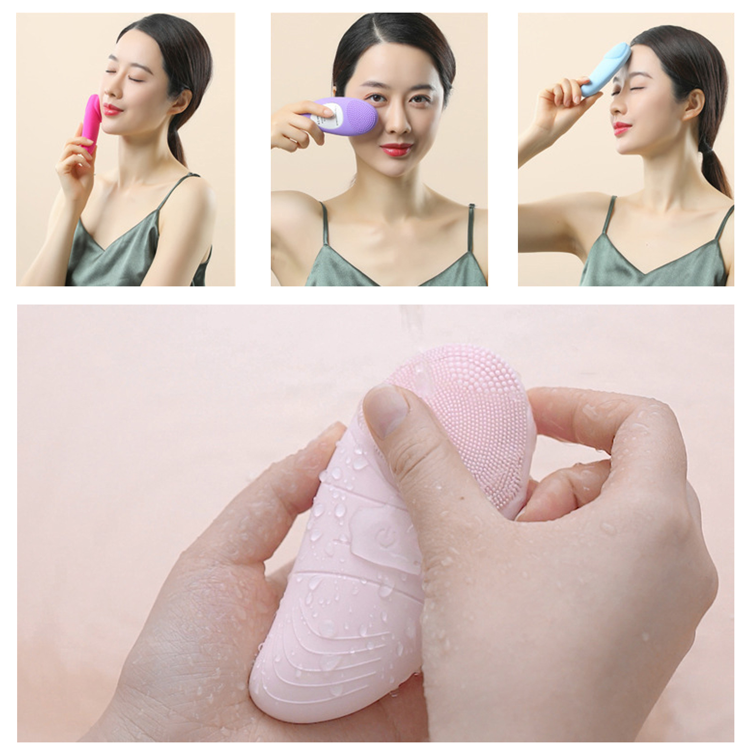 Tre immagini mostrano una donna che utilizza un dispositivo di pulizia viso rosa sul suo viso.