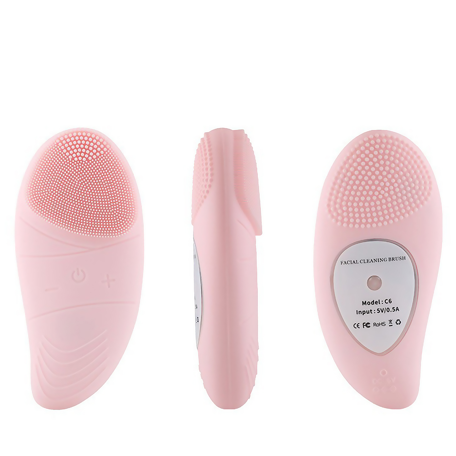 Tre viste di una spazzola per la pulizia del viso rosa. La spazzola ha una superficie in silicone morbido e pulsanti.