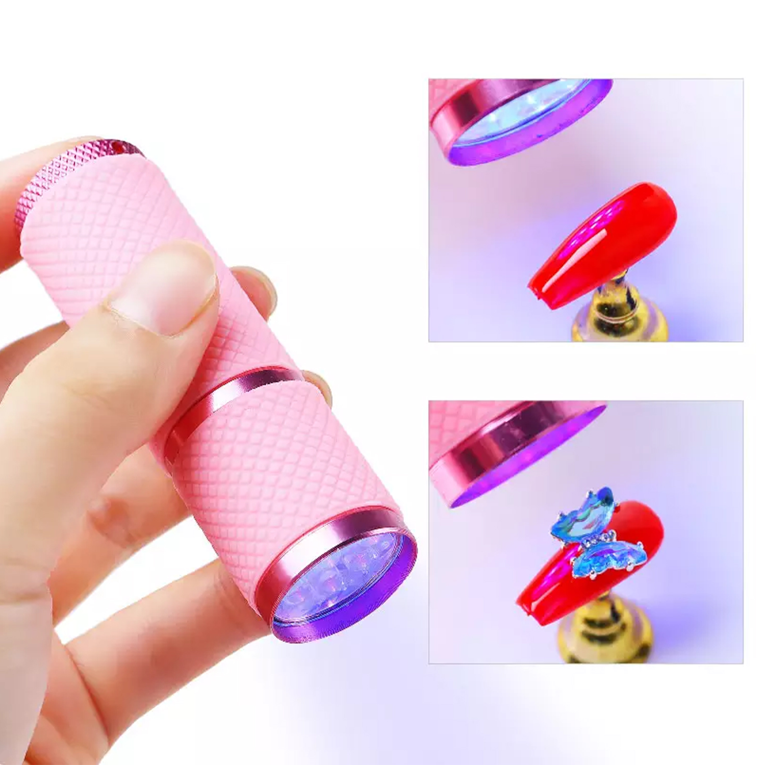 Eine pinke Nagellampe neben Nägeln mit rotem und blauem Nagellack. Eine Hand hält die Lampe. Nailart.