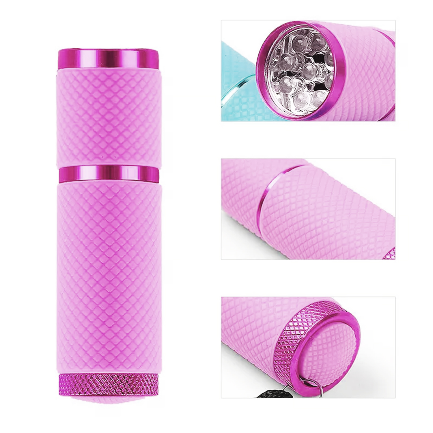 Rosa Taschenlampe, mehrere Ansichten, zeigt Details, strukturierte Oberfläche und Metallrand.
