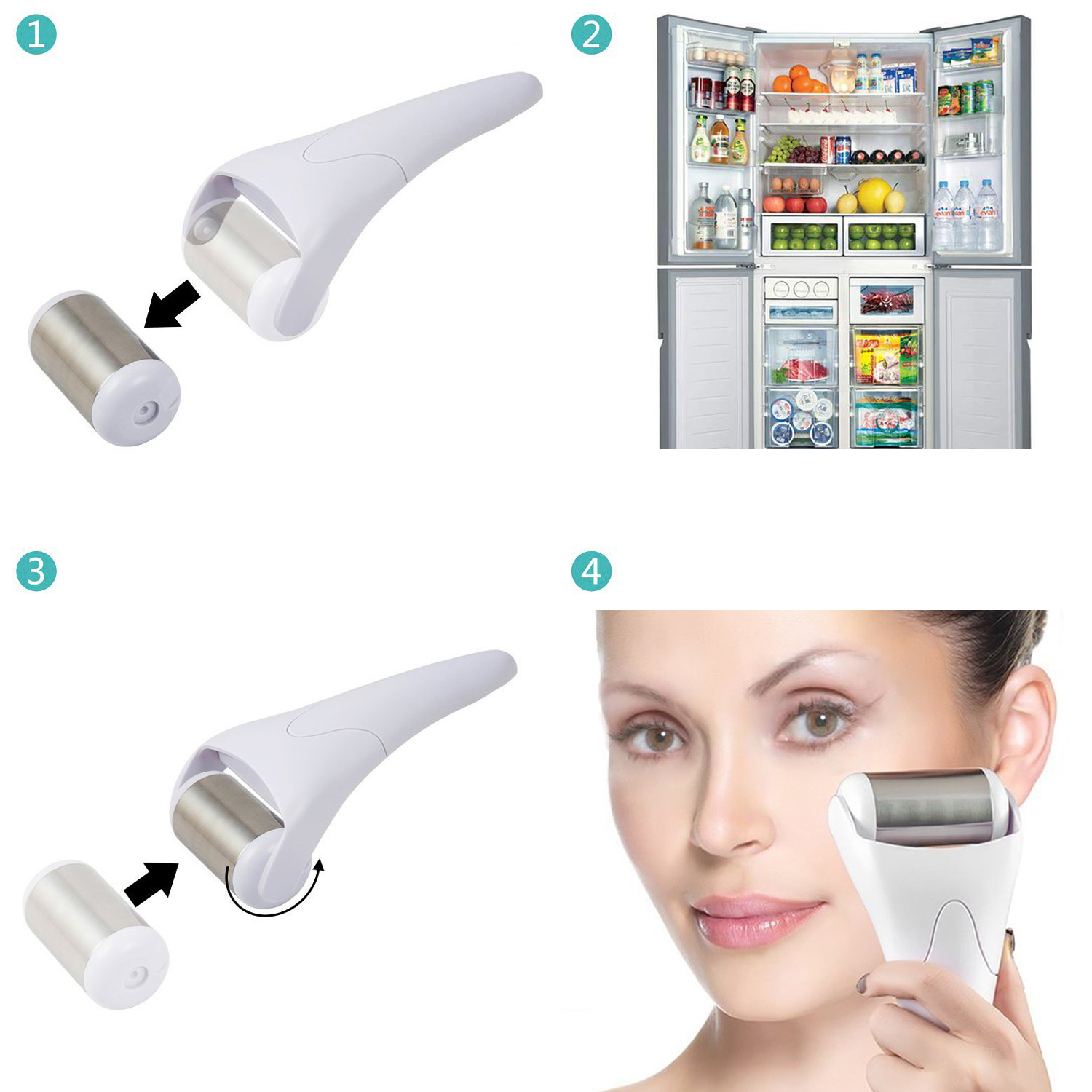 Rodillo facial blanco con rodillo plateado y rostro de mujer.