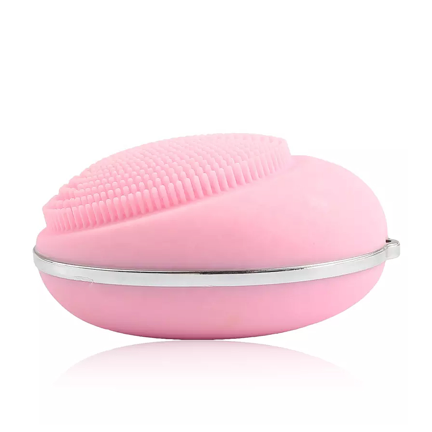 Eine rosa, ovale Gesichtsreinigungsbürste mit strukturierter Oberfläche.