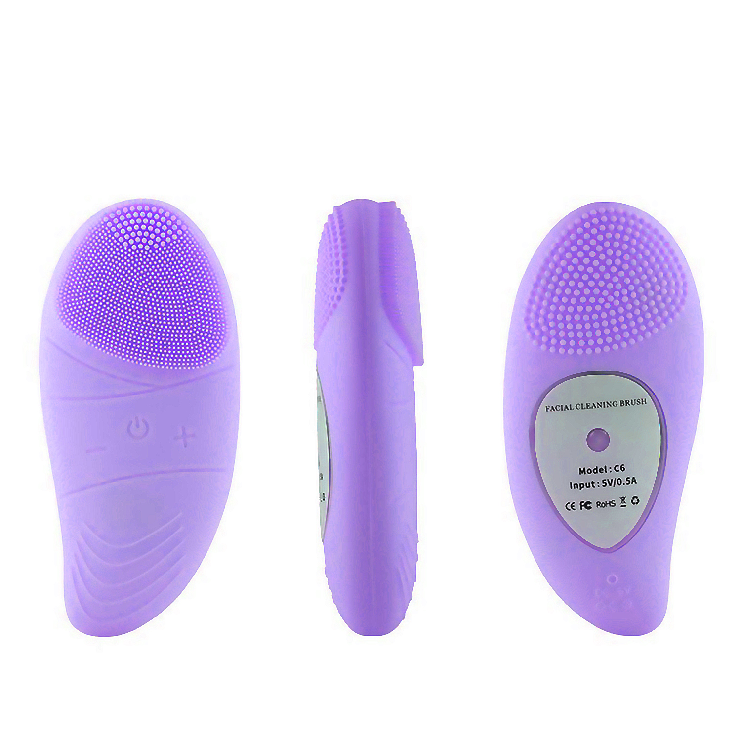 Tres vistas de un cepillo de limpieza facial morado.