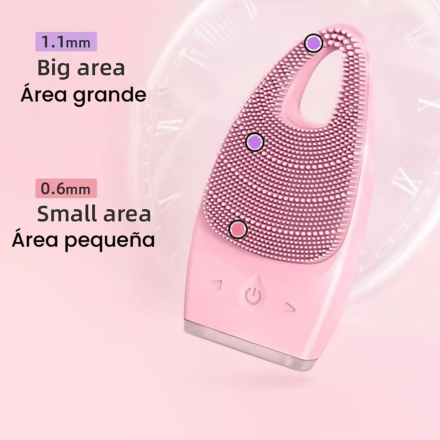Spazzola per la pulizia del viso rosa con testo. Mostra le aree piccole e grandi.