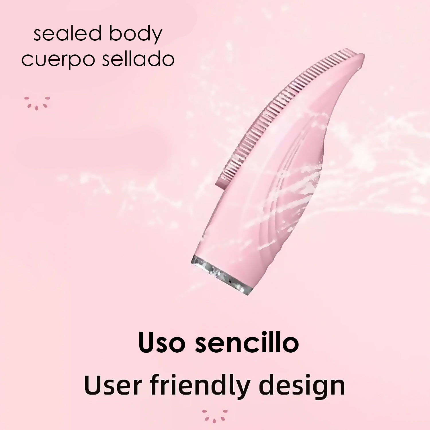 Una spazzola per la pulizia del viso rosa con testo in spagnolo. Su superficie rosa.