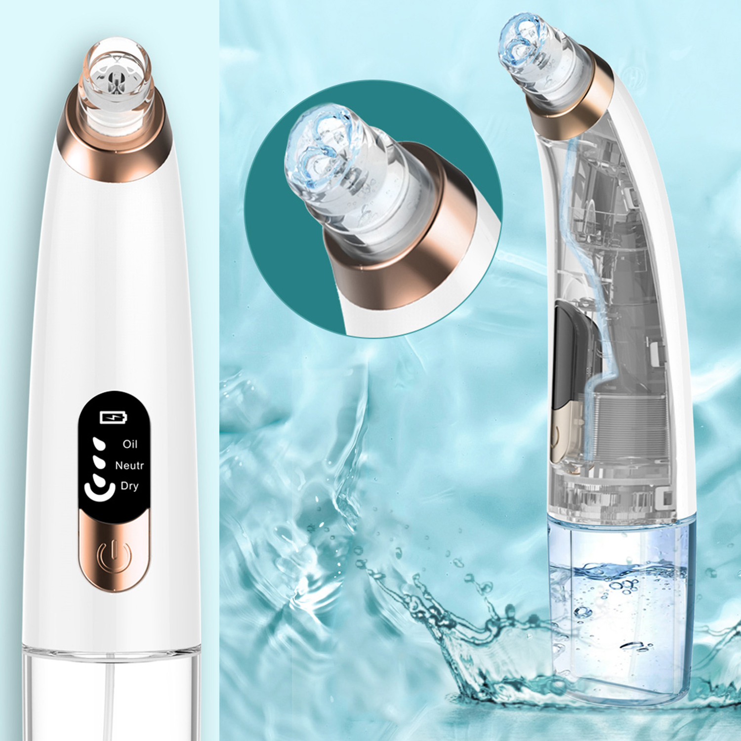 Nahaufnahme eines Gesichtsreiniger. Das Gerät ist weiß und gold, mit einem transparenten Wassertank.