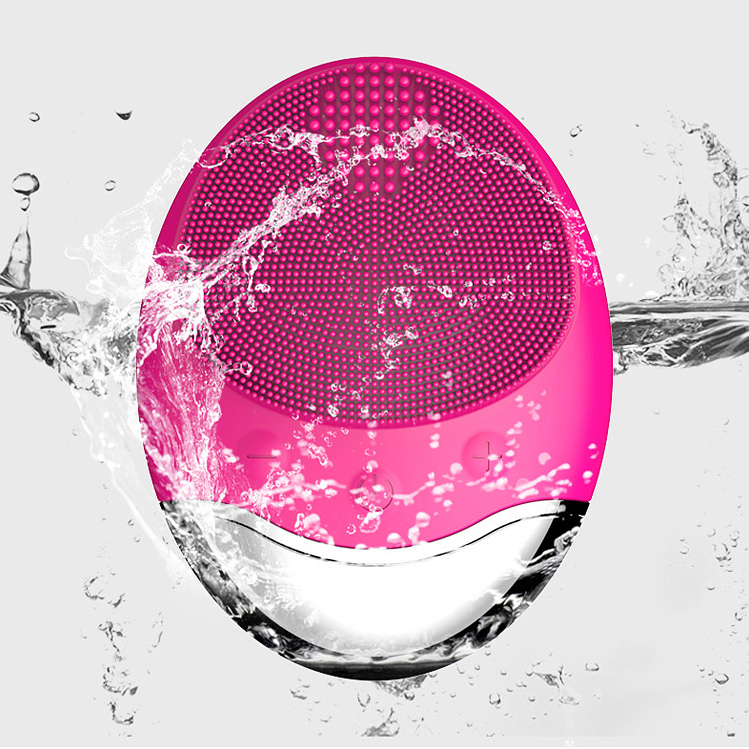 Spazzola per la pulizia del viso rosa con acqua che schizza intorno. Ha una testina circolare.
