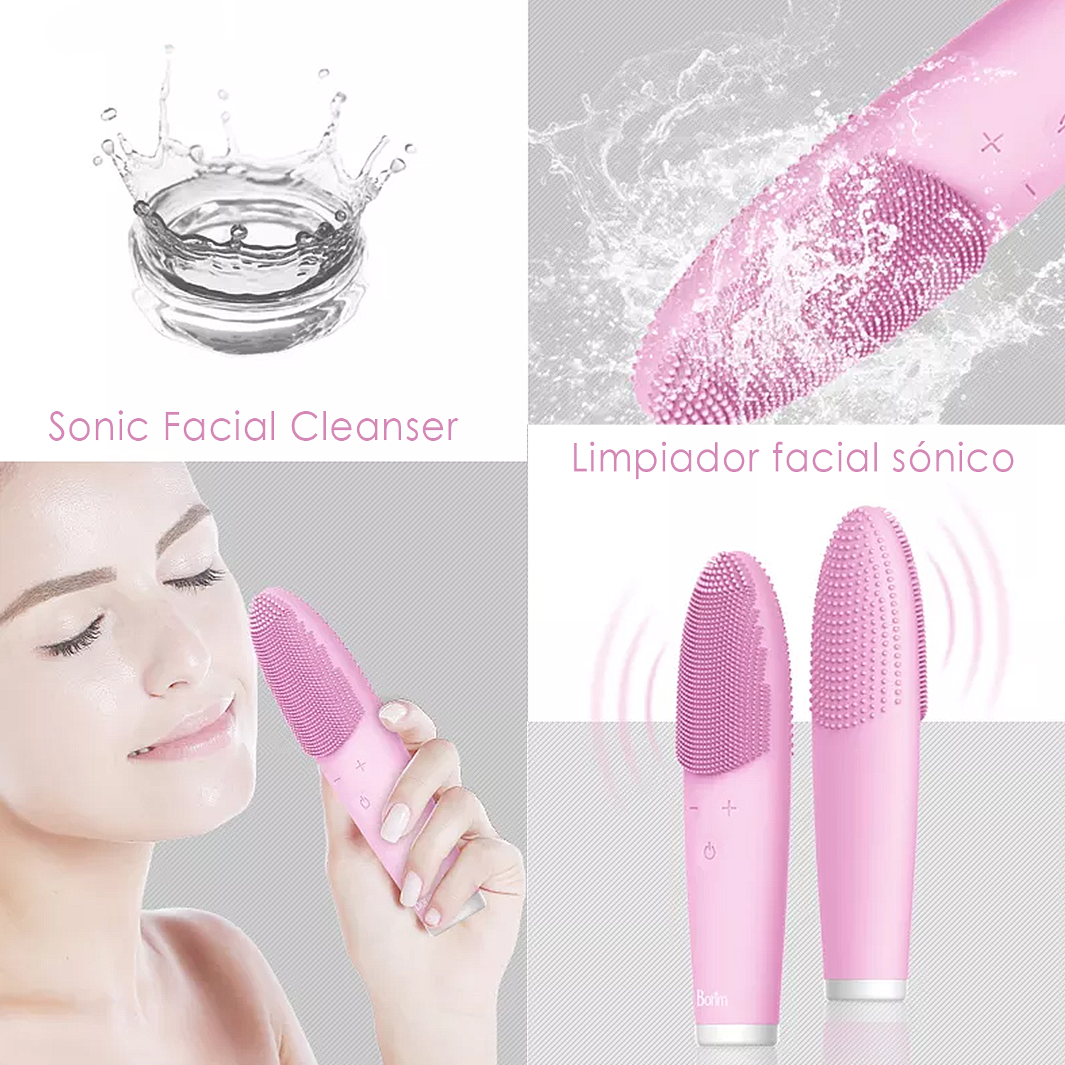 Collage: Schizzo d'acqua, detergente viso rosa in uso e un paio su sfondo bianco.