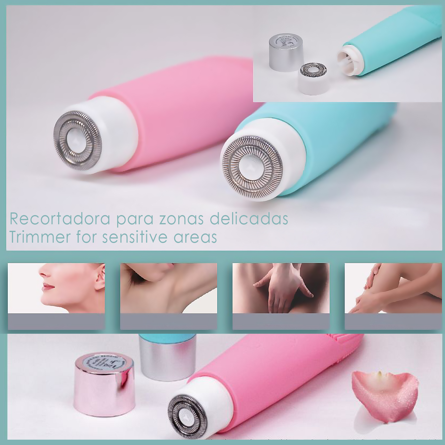 Trimmer elettrici rosa e blu. Sfondo bianco.