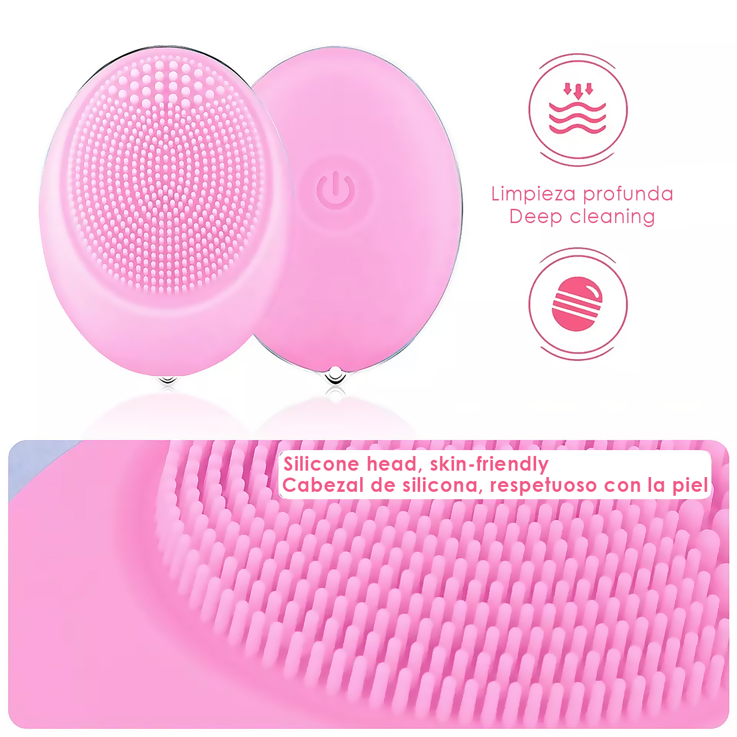 Spazzola per la pulizia del viso rosa, che mostra la testina e il retro. Pulsante di accensione.