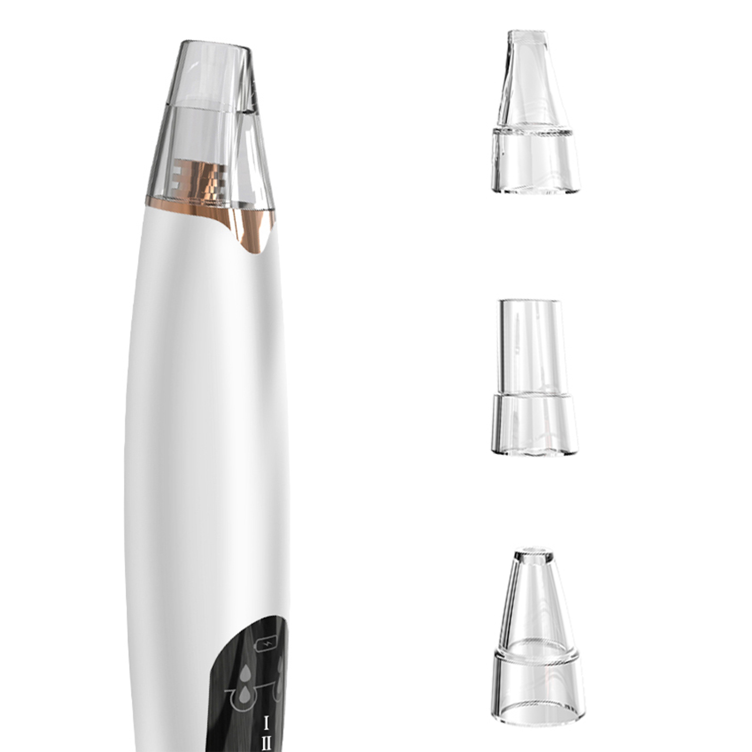 Un pulitore per pori facciali bianco e oro con tre accessori trasparenti.