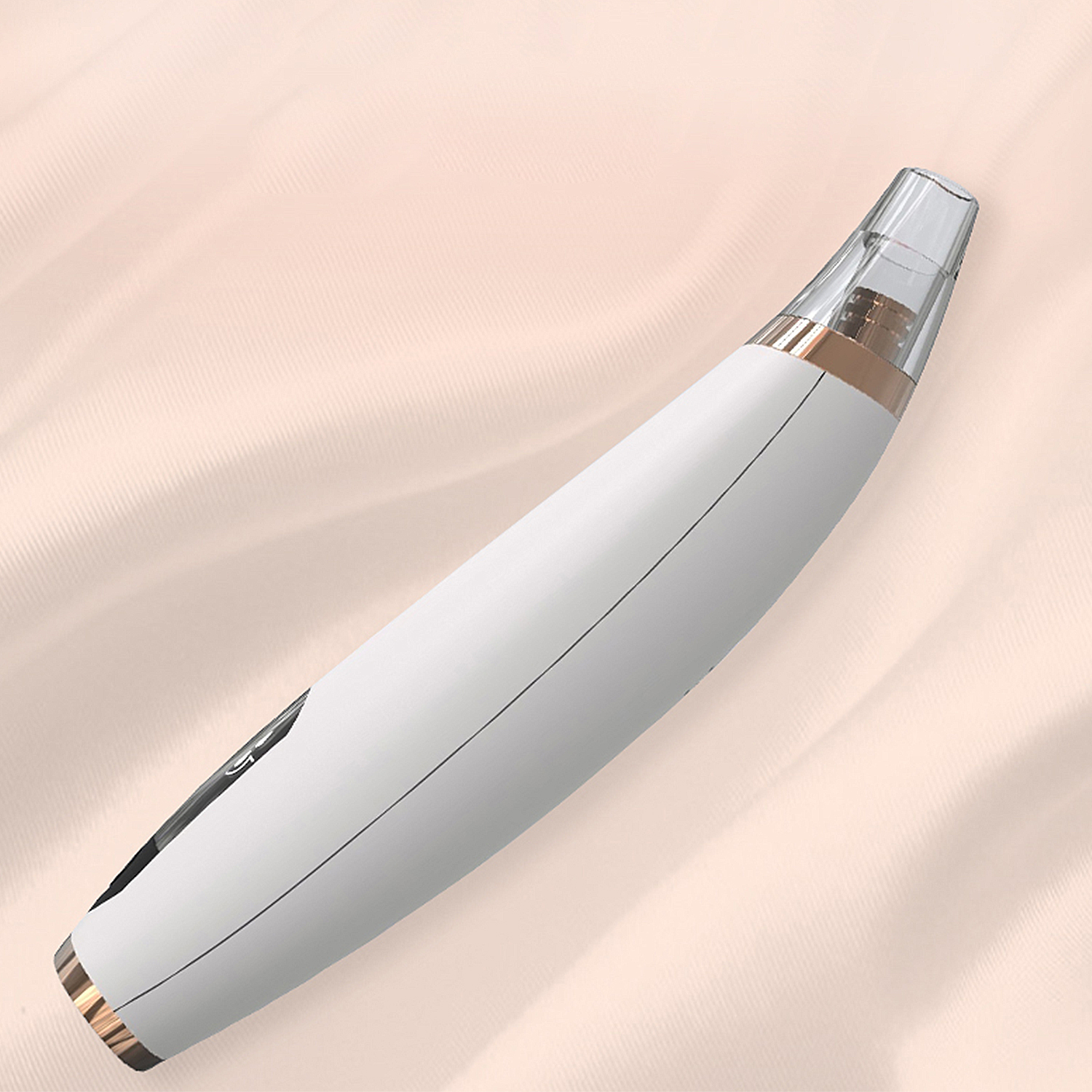 Un dispositivo portatile bianco e oro per la cura della pelle su sfondo rosa.