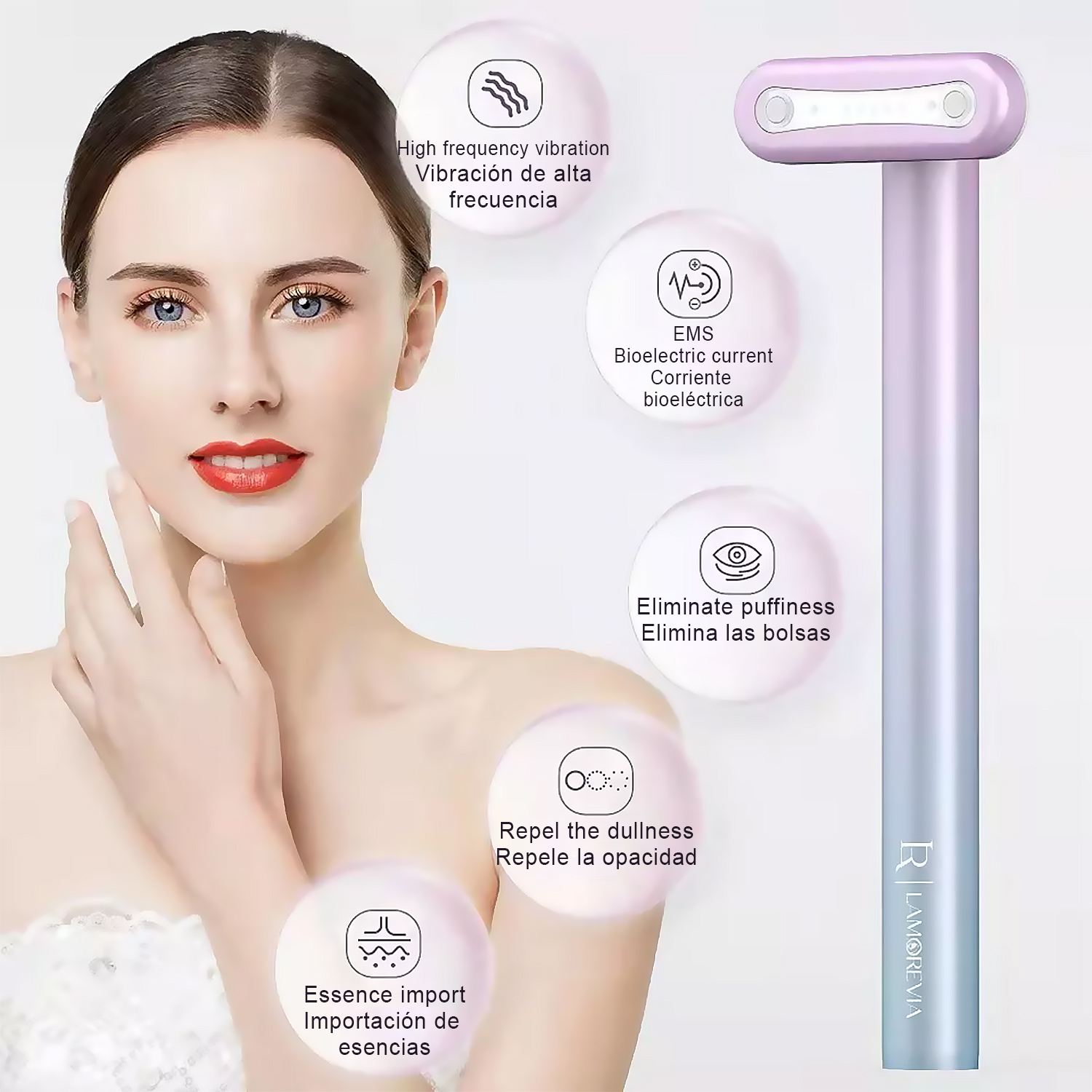Una mujer con un dispositivo de belleza cerca de su rostro. El dispositivo es rosa y azul con texto y círculos alrededor.
