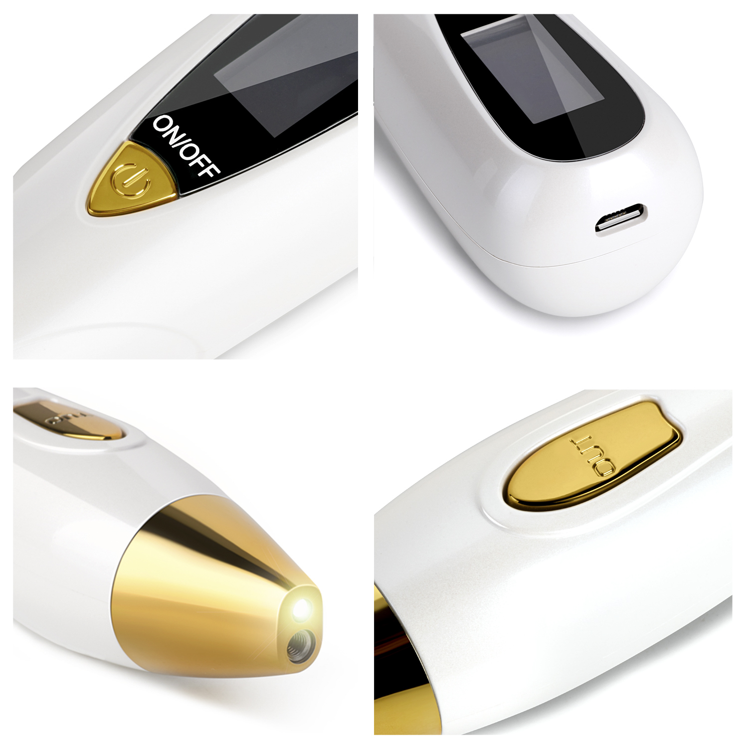 Primeros planos de un dispositivo de belleza blanco y dorado. Se ven botones, un puerto de carga y una luz.