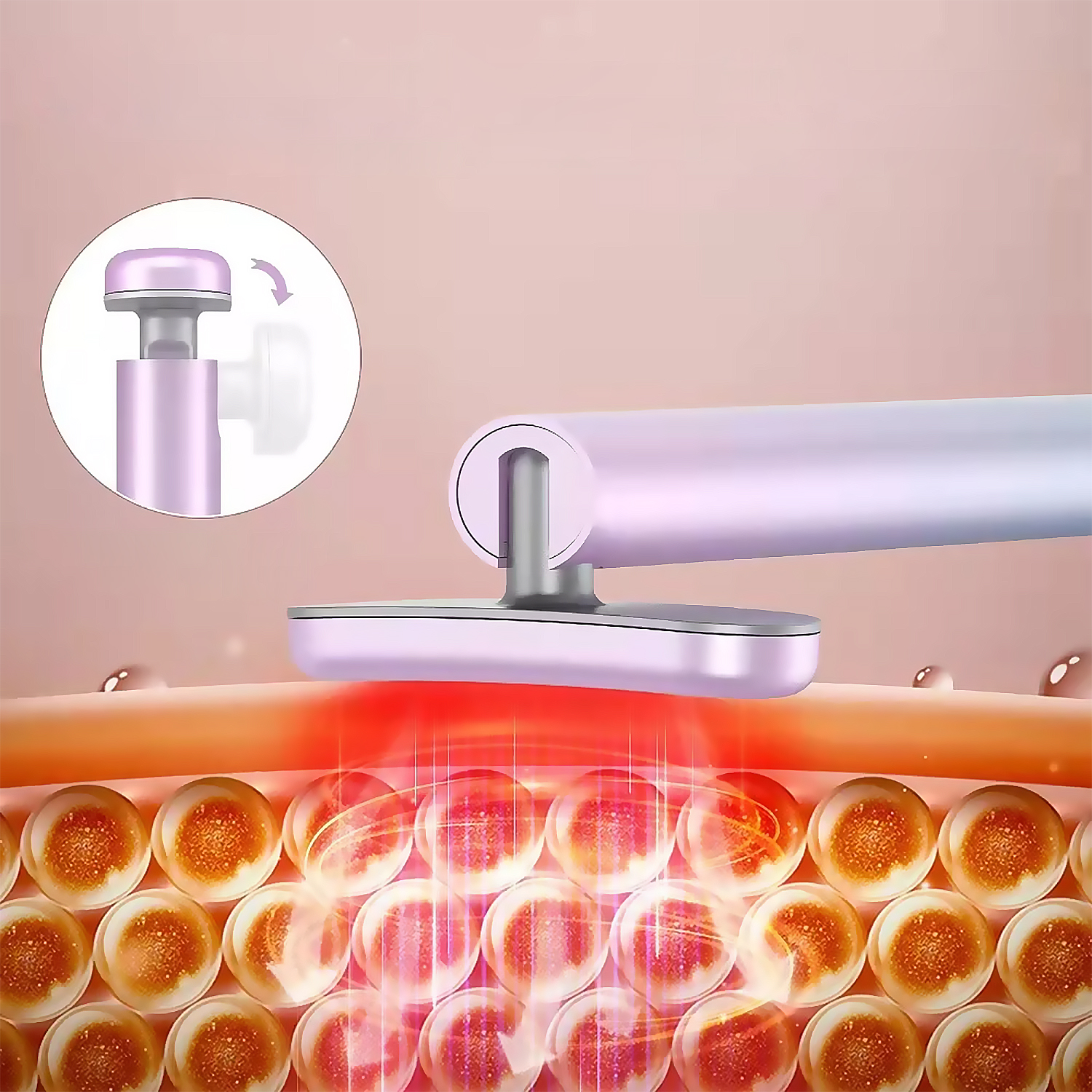 Un dispositivo médico que muestra capas de piel e interacción de energía. Una flecha indica una función rotatoria.