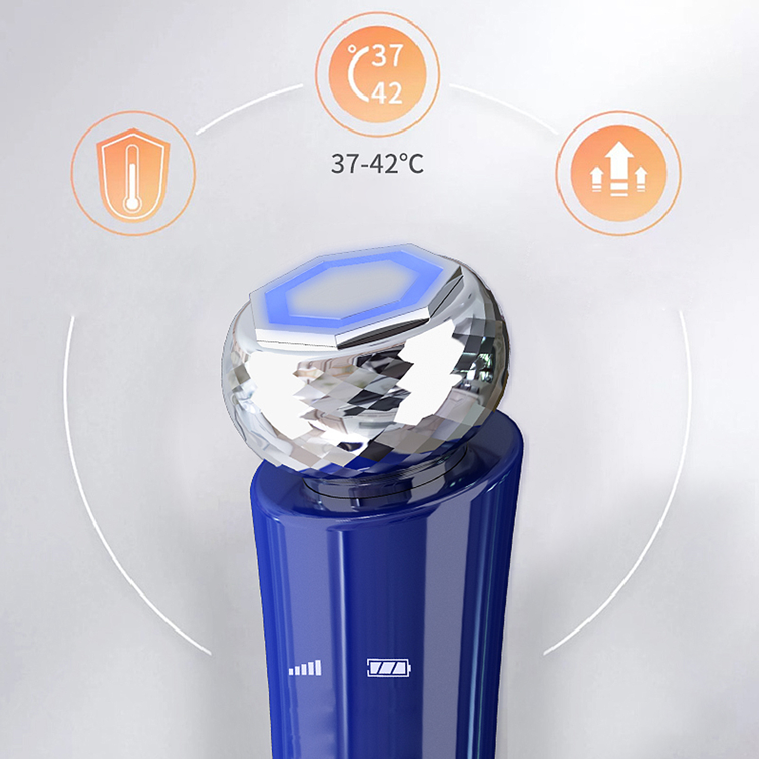Ein blaues und silbernes Schönheitsgerät mit Touch-Display und Temperaturanzeigen.