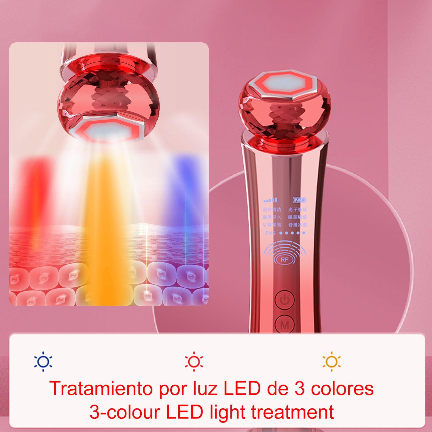 Rotes Gesichtsbehandlungsgerät mit farbigen Lichtern und Text: 3-Farben-LED-Lichtbehandlung.