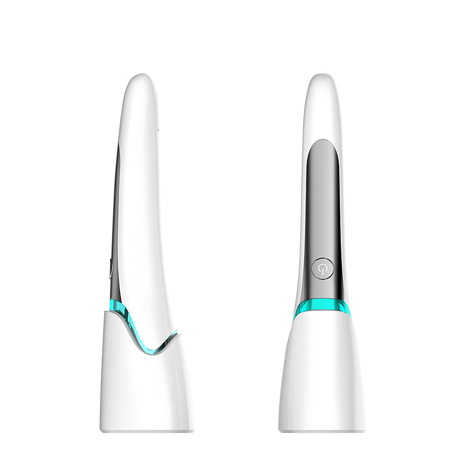 Dos dispositivos de belleza blancos. Uno muestra una vista lateral, el otro, la vista del lado del botón.
