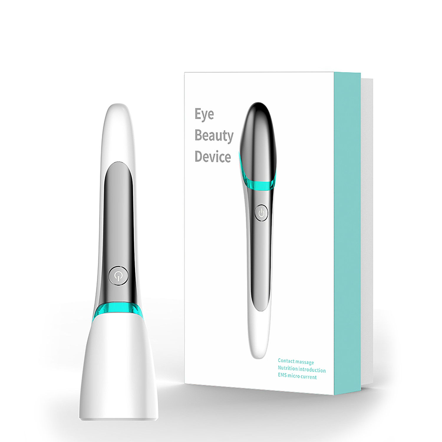 Un dispositivo de belleza para ojos y su caja, ambos blancos con acentos plateados y turquesas.