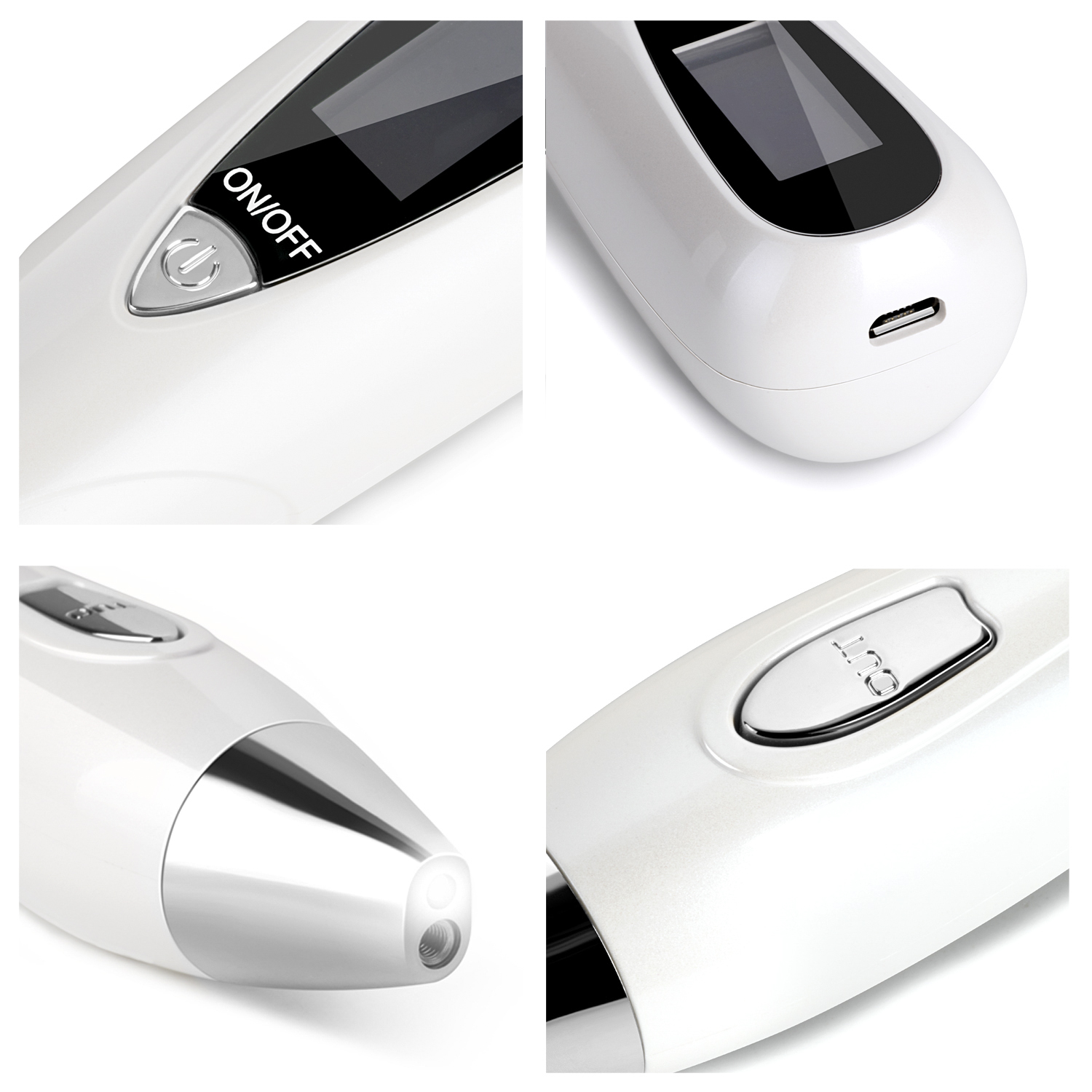 Primeros planos de un dispositivo de belleza blanco con botón de encendido/apagado y puerto USB.