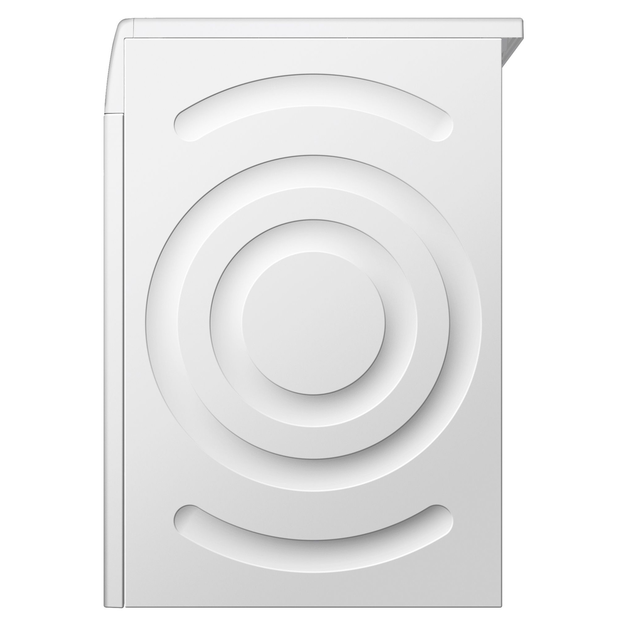 Parte anteriore della lavatrice bianca con design circolare, isolata su bianco.