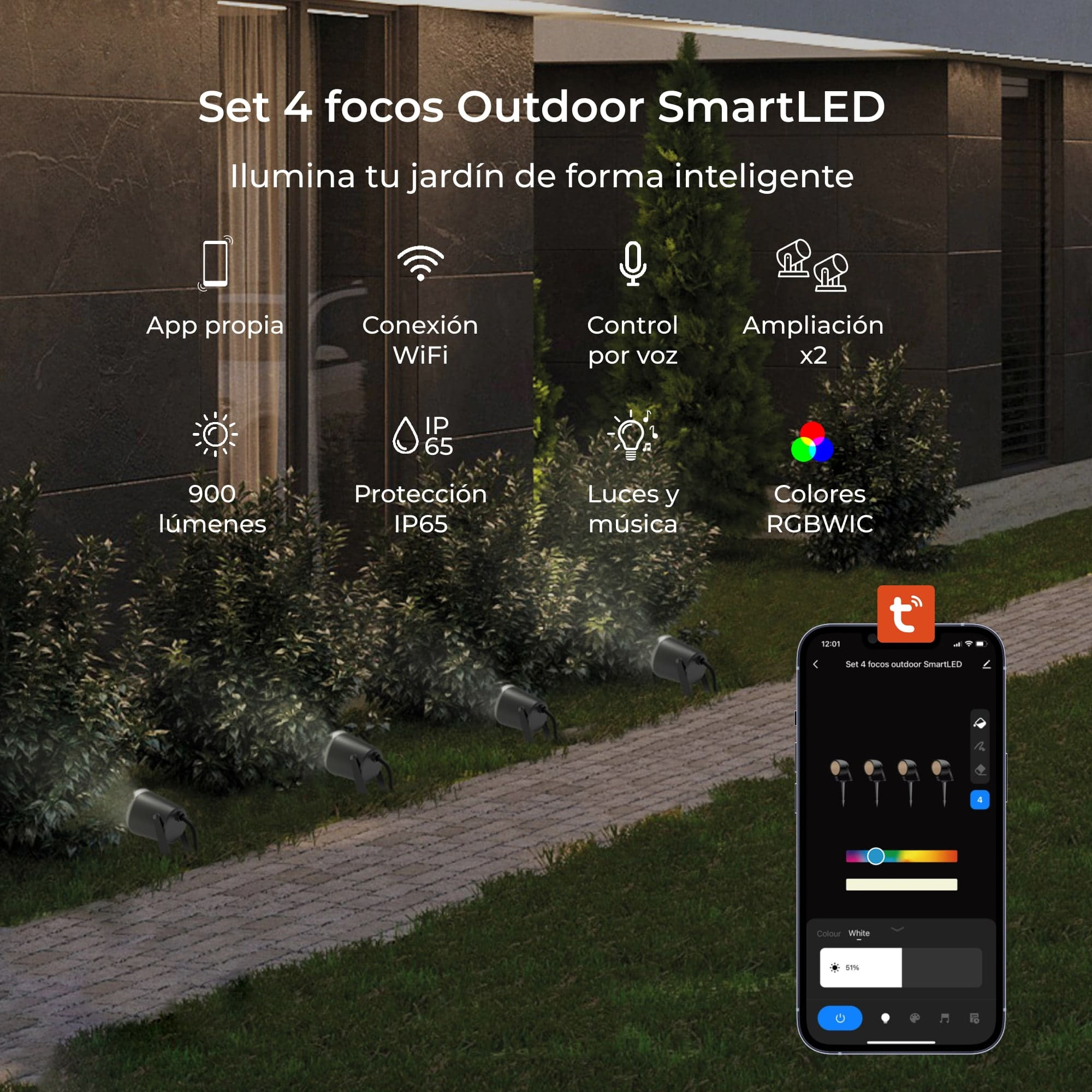 Luces LED inteligentes para exteriores. Un teléfono controla las luces.