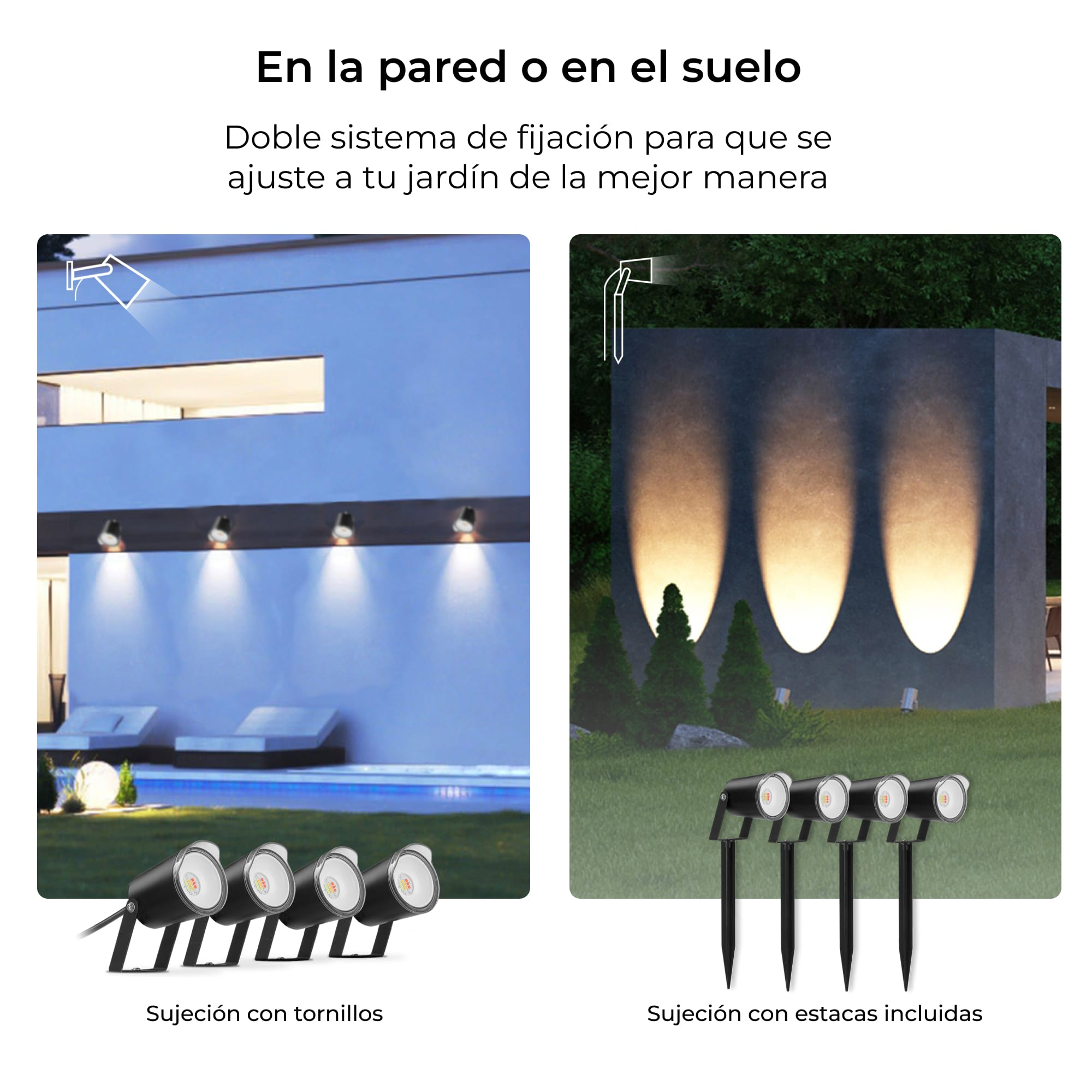 Opciones de iluminación exterior. Muestra focos montados en pared y suelo con estacas.