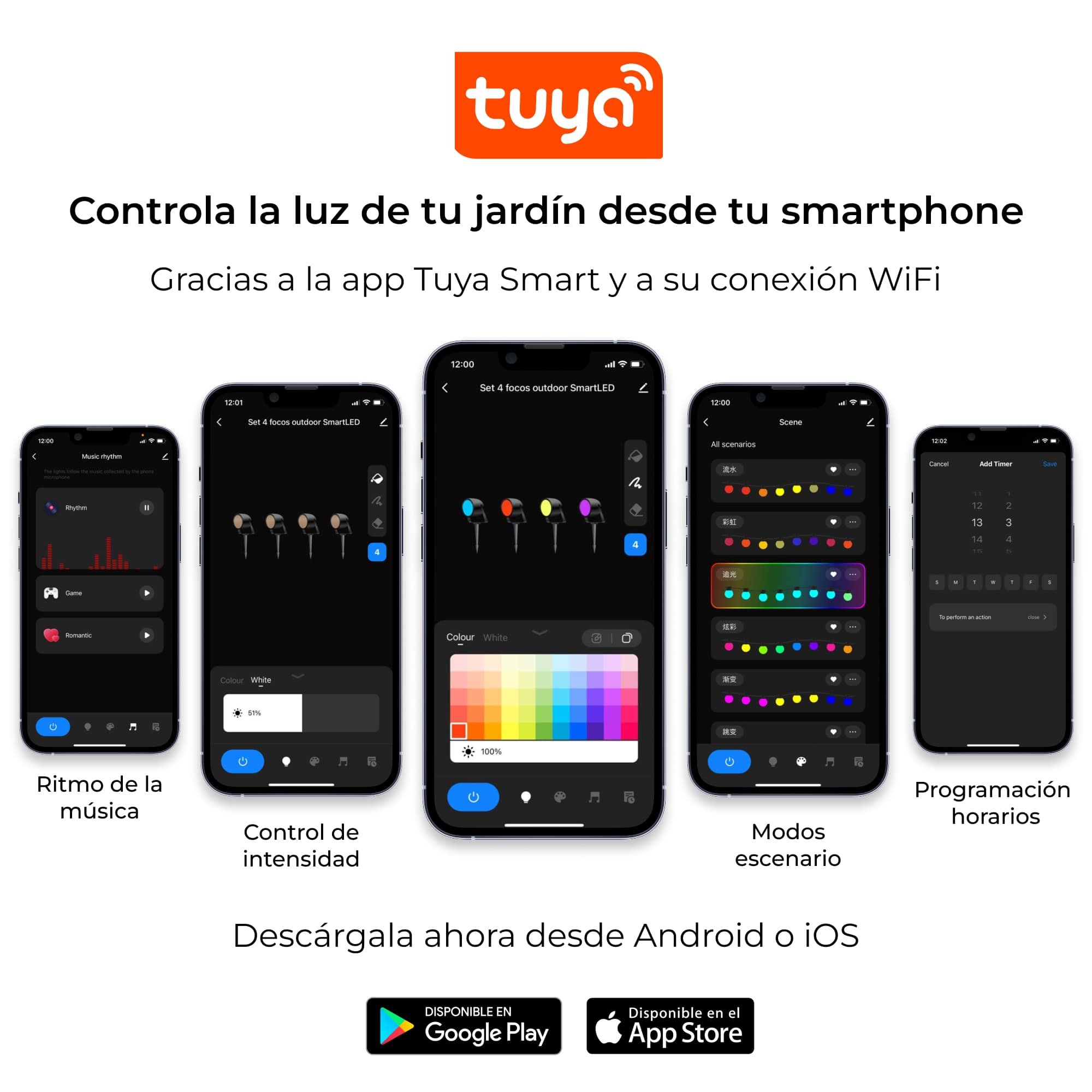Pantallas de smartphone que muestran interfaces de aplicaciones para controlar luces LED inteligentes para exteriores con varias configuraciones.