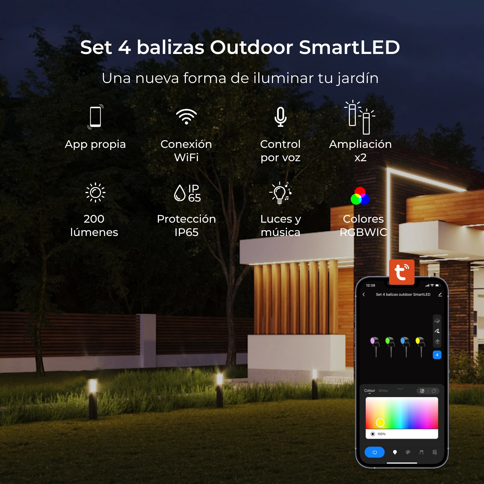 Luces LED inteligentes para exteriores en un jardín. Un teléfono móvil muestra la aplicación.
