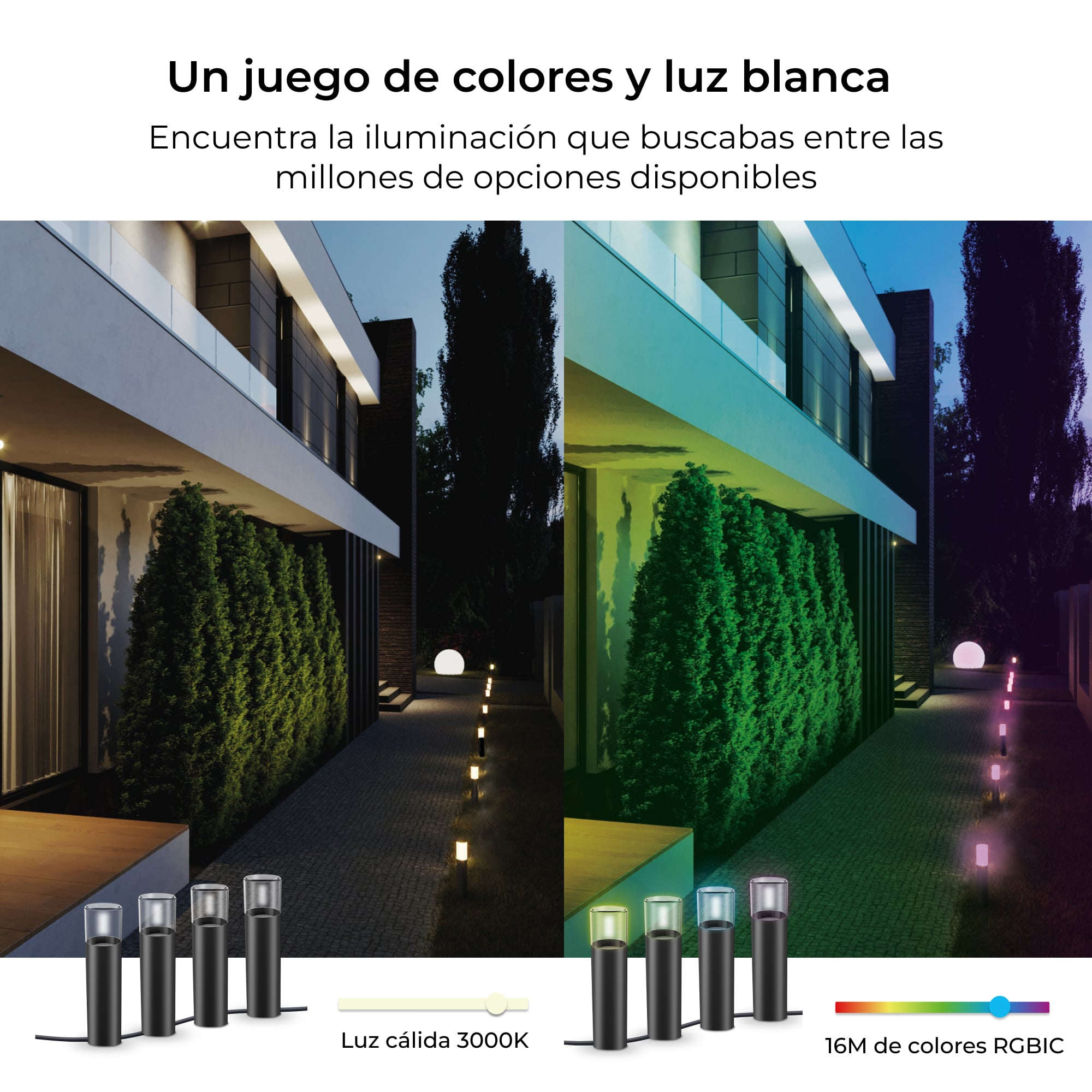 Exhibición de luces exteriores. El lado izquierdo muestra luces blancas cálidas, el derecho RGB coloridas.