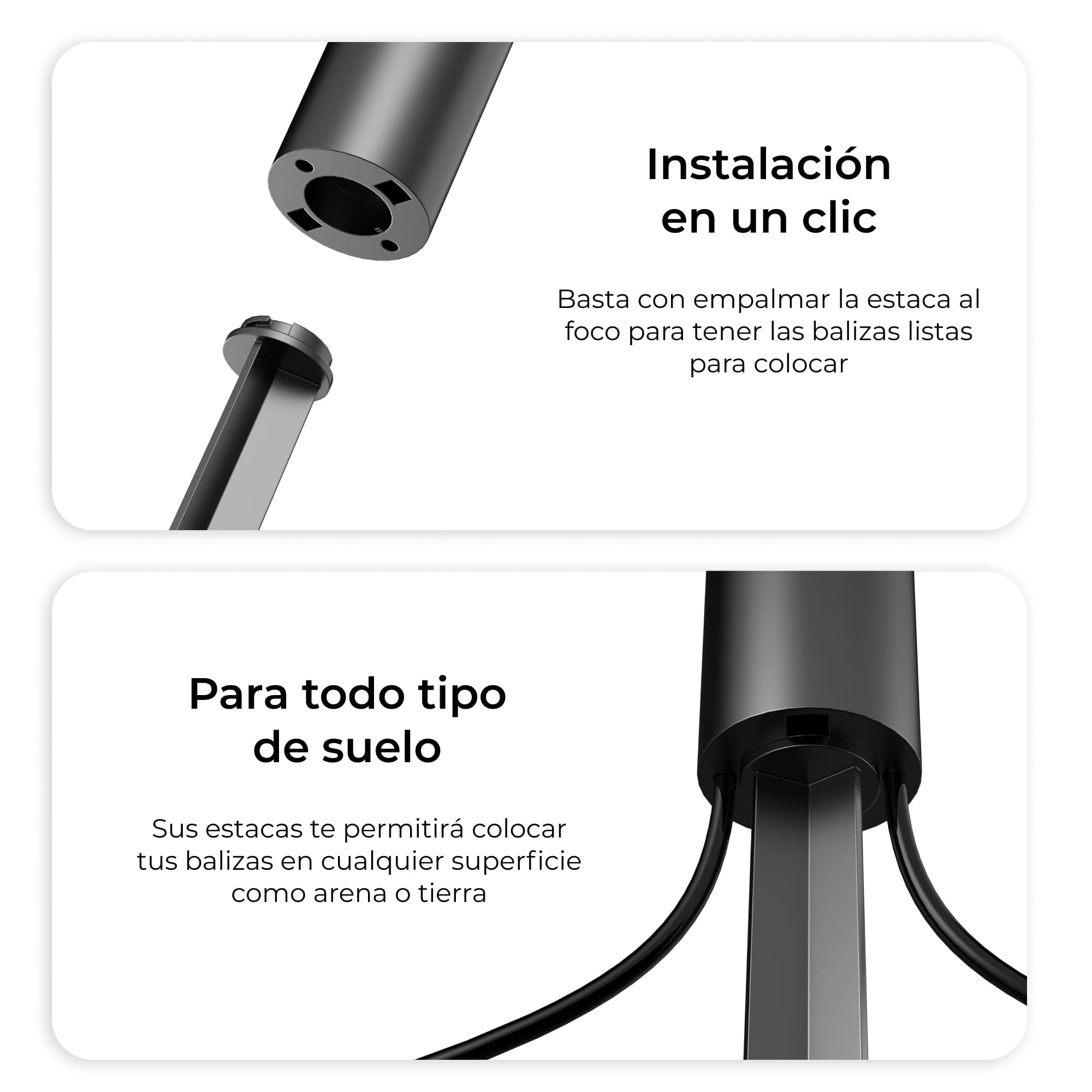 Estacas metálicas negras con texto que explica la fácil instalación para su colocación en el suelo.