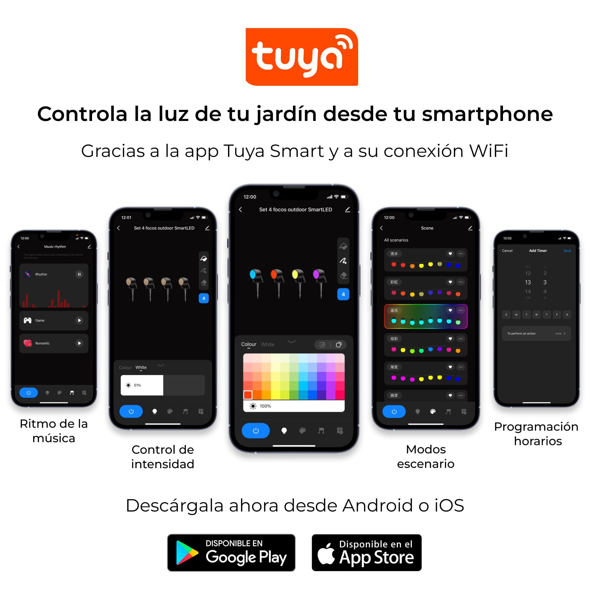 Pantallas de teléfonos inteligentes que muestran una aplicación. La aplicación controla dispositivos domésticos inteligentes como luces de jardín.