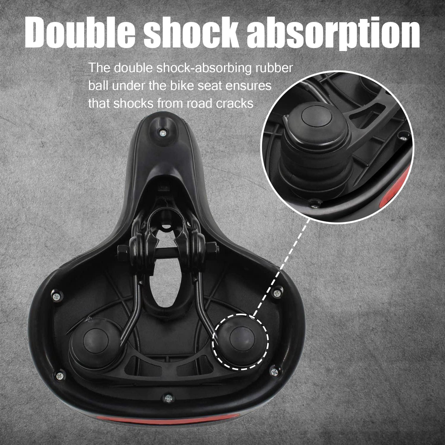 Czarne siodełko rowerowe z czerwonym wykończeniem, pokazujące amortyzatory i podwójną absorpcję wstrząsów.