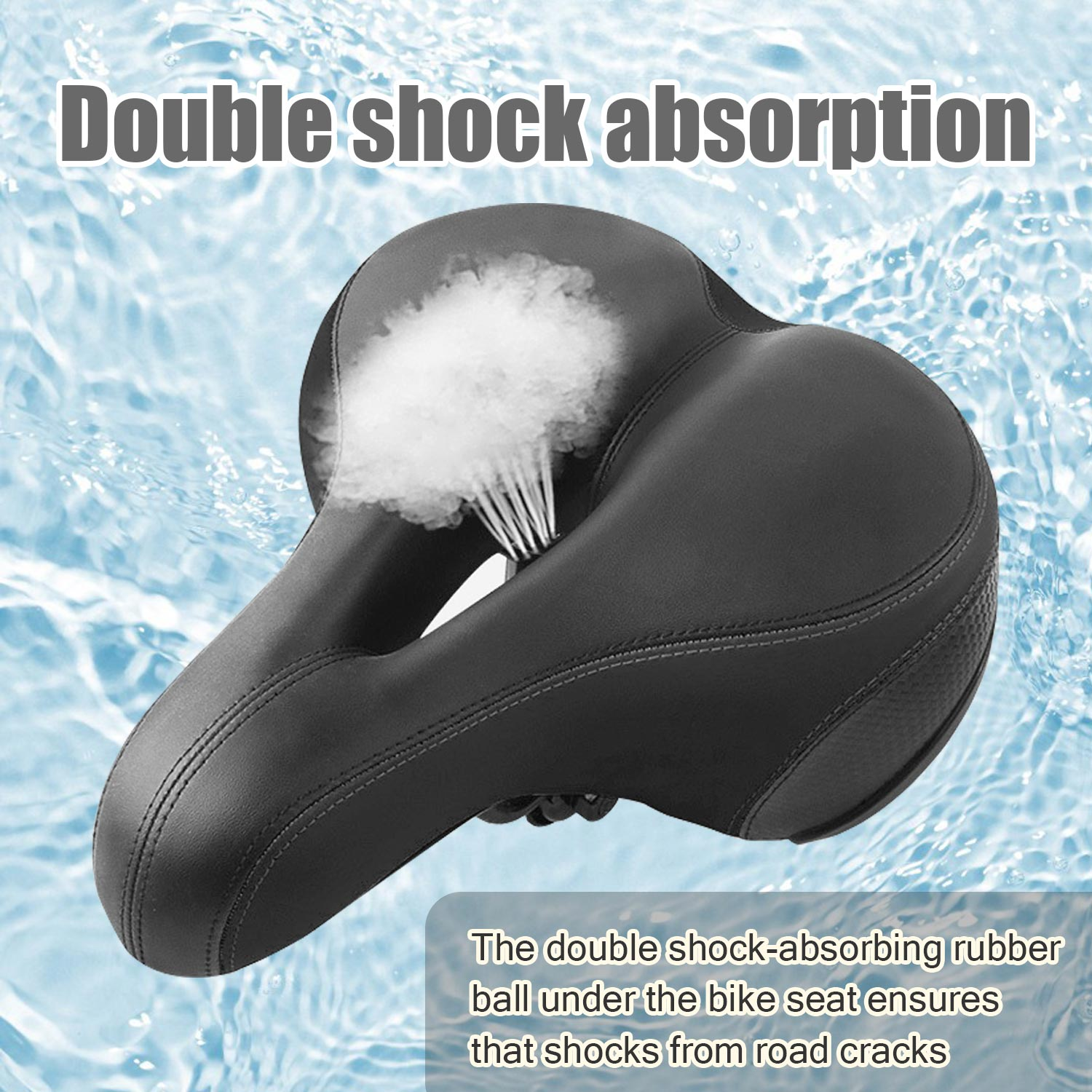 Czarne siodełko rowerowe z tekstem 'Podwójna amortyzacja' i wodnym tłem.