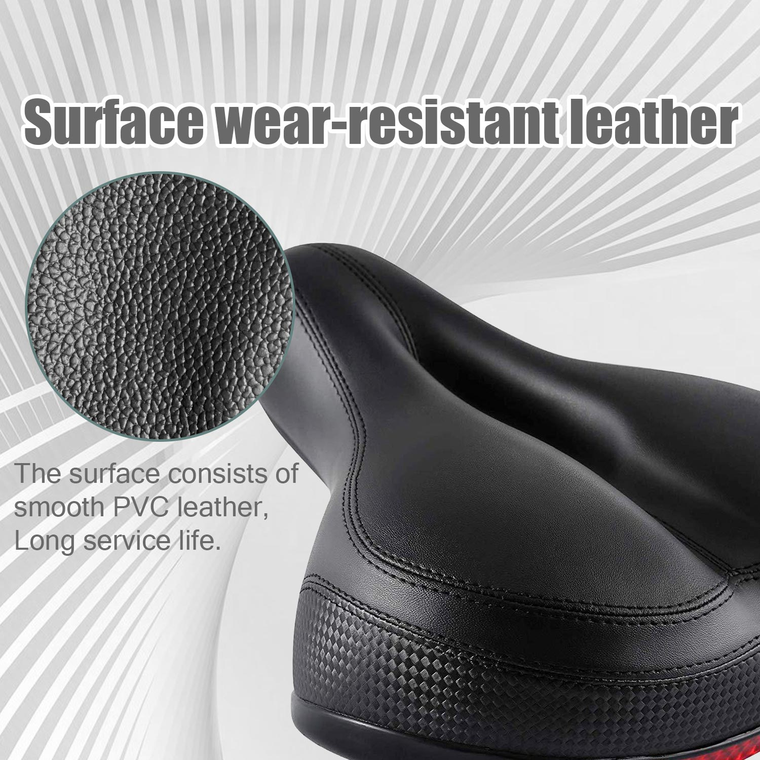 Czarne siodełko rowerowe. Powierzchnia składa się z gładkiej skóry PVC.