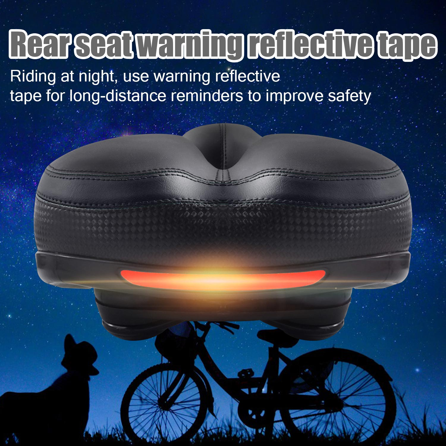 Czarne siodełko rowerowe z taśmą odblaskową. Siodło znajduje się na rowerze i ma czerwone światła.