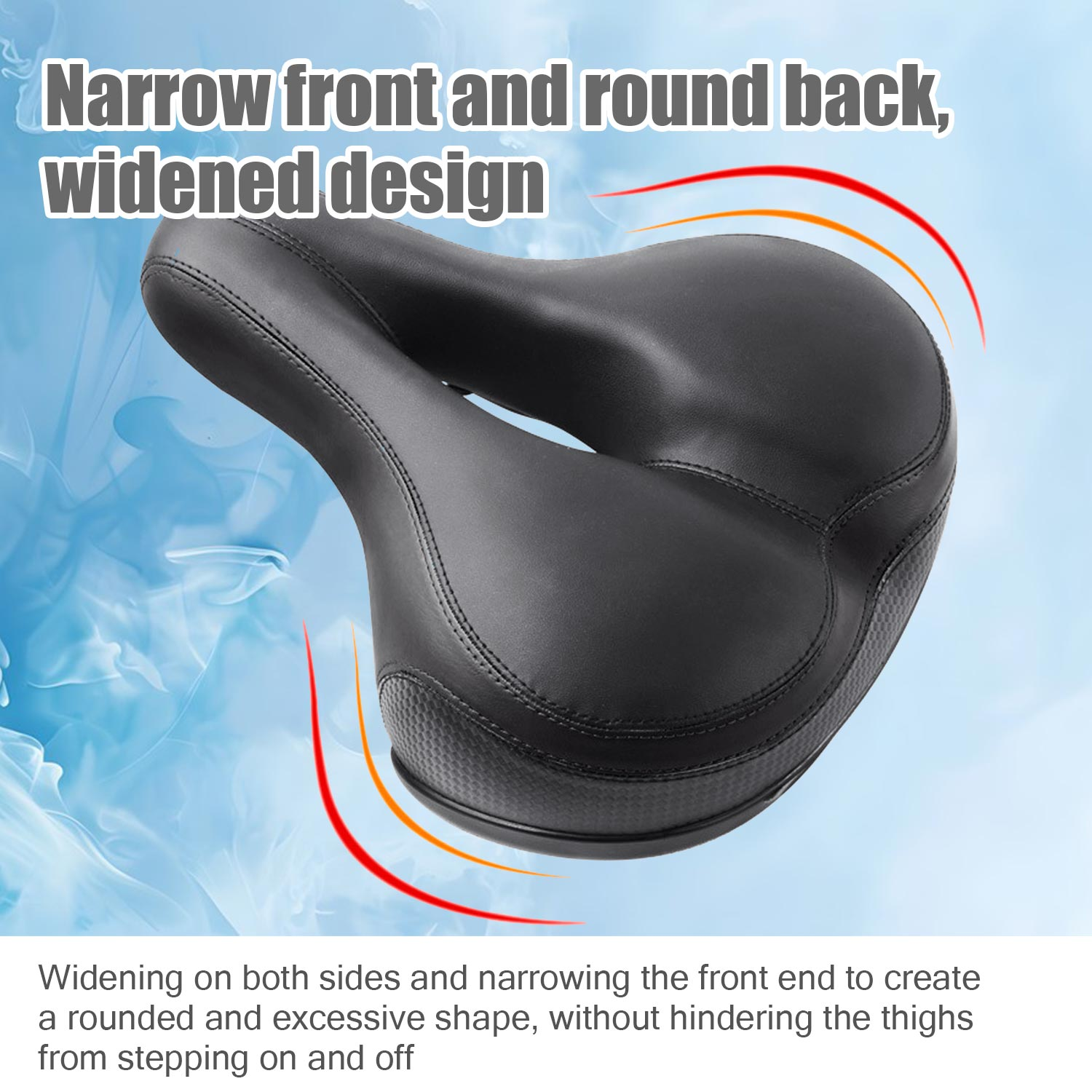 Czarne siodełko rowerowe z wzorem. Jest na niebiesko-białym rozmytym tle.