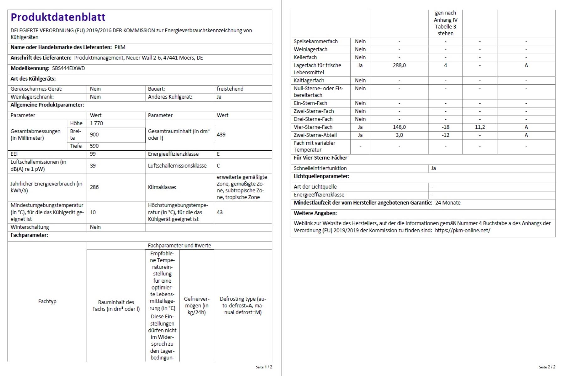Dokument mit Spezifikationen für einen Kühlschrank. Enthält Tabellen, Parameter und andere technische Informationen.